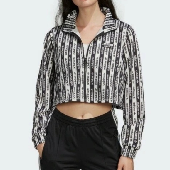 NWT Adidas Cropped Zip Up Track Jacket Top Black & White Striped Logo Boxy LG - Picture 1 of 16